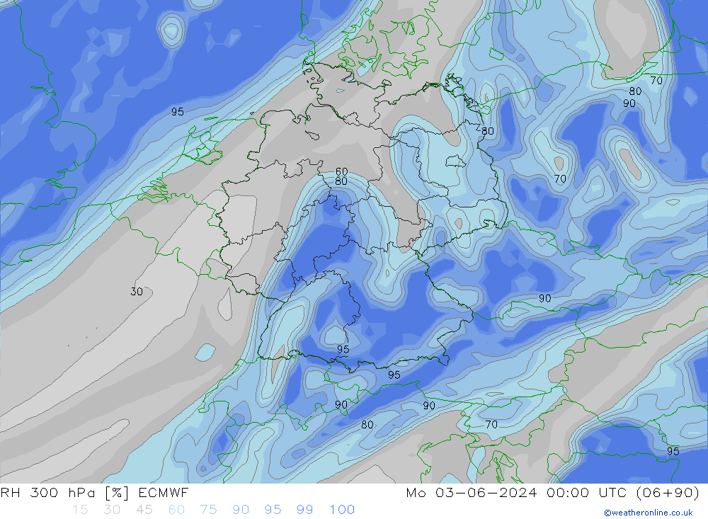 RH 300 hPa ECMWF Seg 03.06.2024 00 UTC