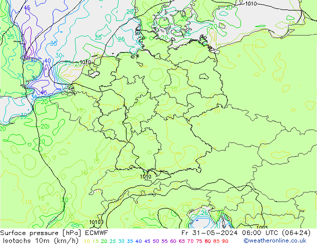 Isotachs (kph) ECMWF  31.05.2024 06 UTC