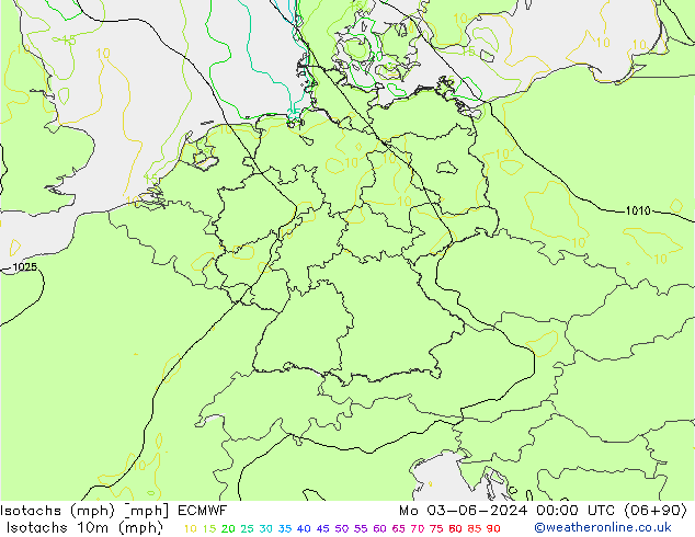 Isotachs (mph) ECMWF 星期一 03.06.2024 00 UTC