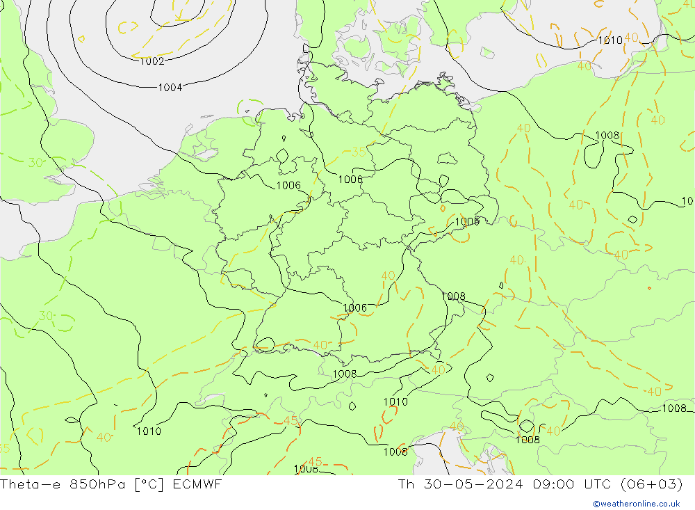 Theta-e 850hPa ECMWF Do 30.05.2024 09 UTC