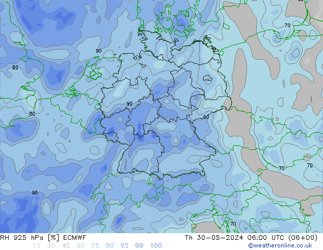 RH 925 hPa ECMWF Qui 30.05.2024 06 UTC