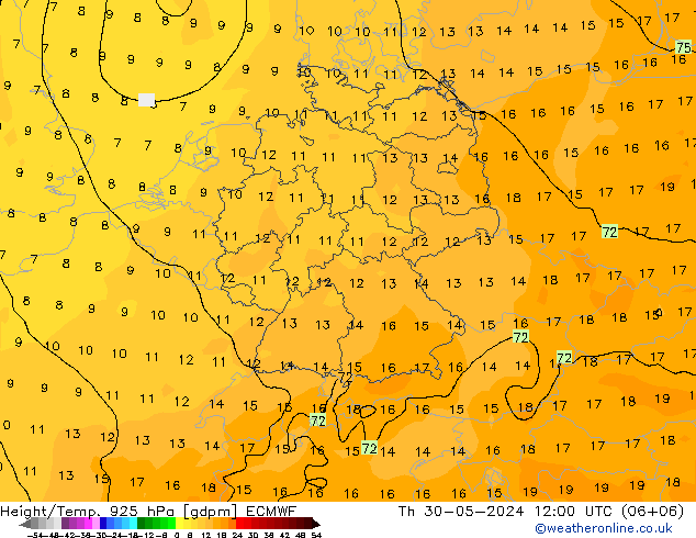 Height/Temp. 925 hPa ECMWF Do 30.05.2024 12 UTC