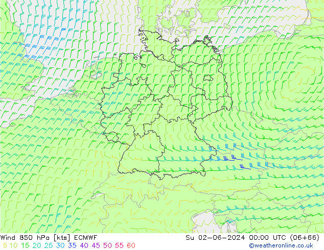 wiatr 850 hPa ECMWF nie. 02.06.2024 00 UTC