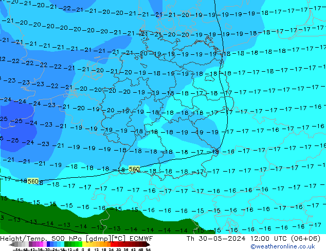 Z500/Rain (+SLP)/Z850 ECMWF Čt 30.05.2024 12 UTC