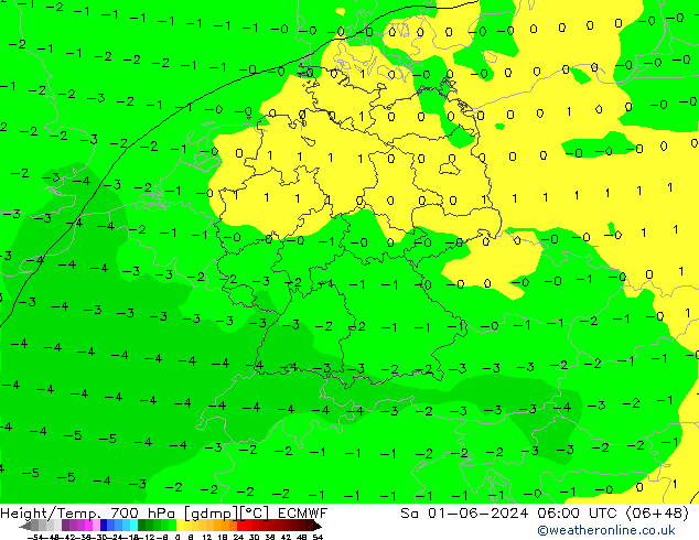 Height/Temp. 700 гПа ECMWF сб 01.06.2024 06 UTC