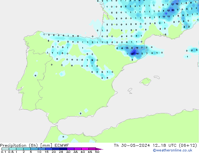 Precipitation (6h) ECMWF Th 30.05.2024 18 UTC