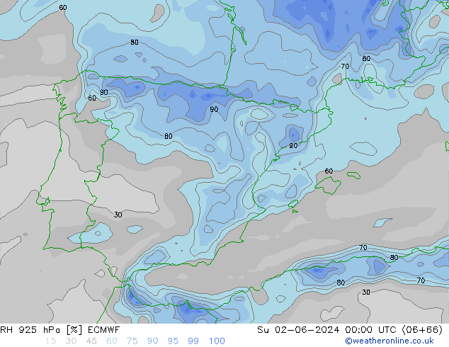 Humidité rel. 925 hPa ECMWF dim 02.06.2024 00 UTC