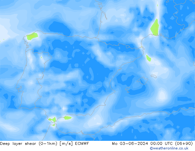 Deep layer shear (0-1km) ECMWF Po 03.06.2024 00 UTC