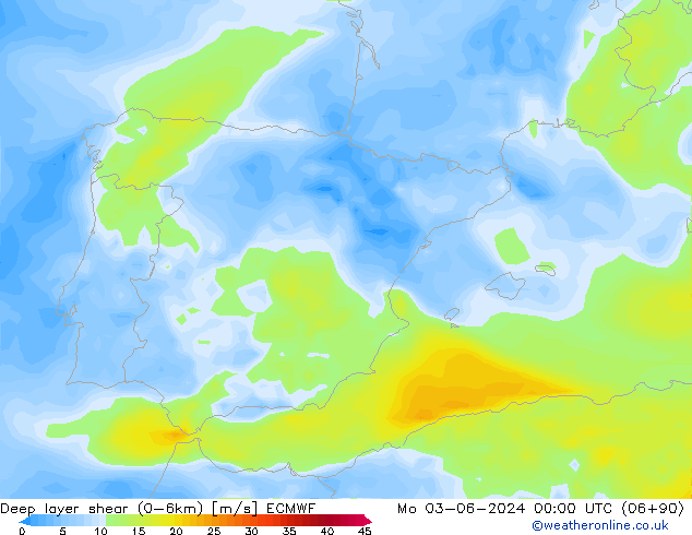 Deep layer shear (0-6km) ECMWF lun 03.06.2024 00 UTC