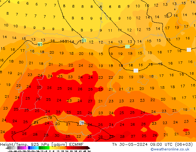 Geop./Temp. 925 hPa ECMWF jue 30.05.2024 09 UTC