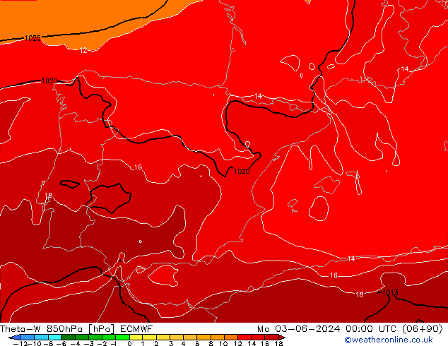 Theta-W 850hPa ECMWF Mo 03.06.2024 00 UTC