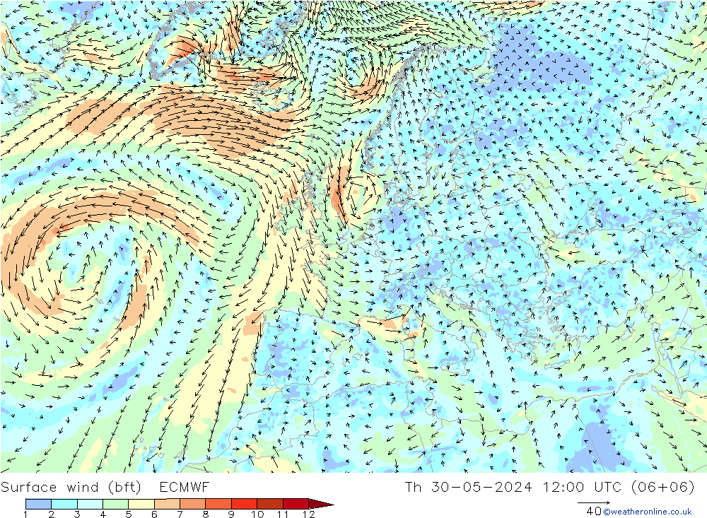 Bodenwind (bft) ECMWF Do 30.05.2024 12 UTC