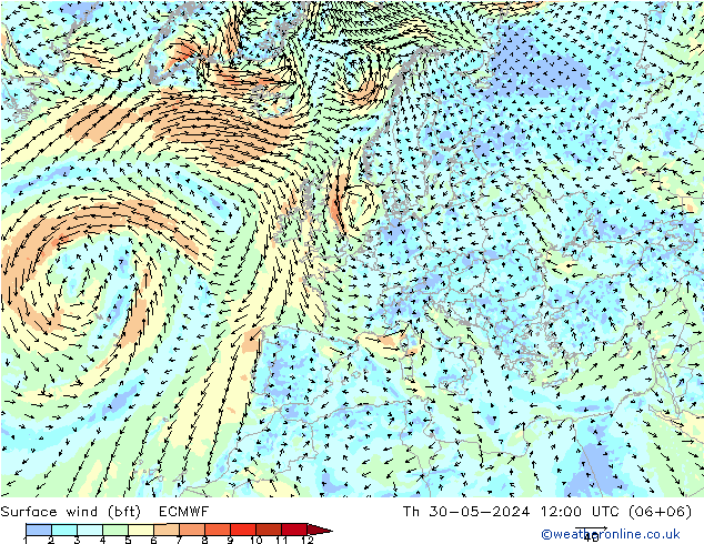 Vento 10 m (bft) ECMWF gio 30.05.2024 12 UTC