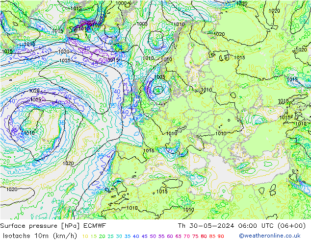 10米等风速线 (kph) ECMWF 星期四 30.05.2024 06 UTC