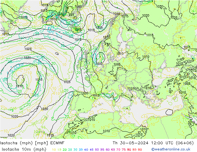 Isotachs (mph) ECMWF Th 30.05.2024 12 UTC