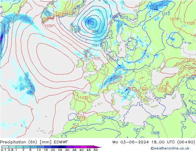 Totale neerslag (6h) ECMWF ma 03.06.2024 00 UTC