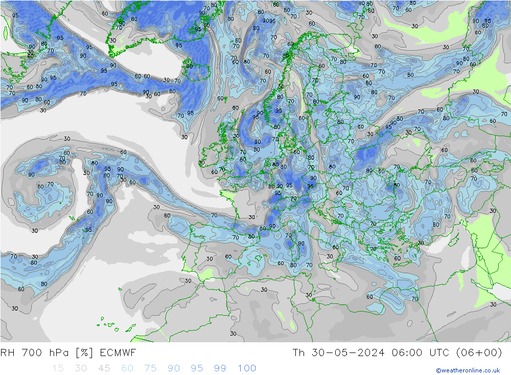 RH 700 hPa ECMWF Th 30.05.2024 06 UTC