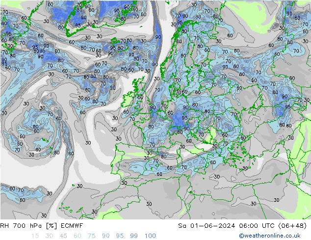 RH 700 hPa ECMWF Sa 01.06.2024 06 UTC