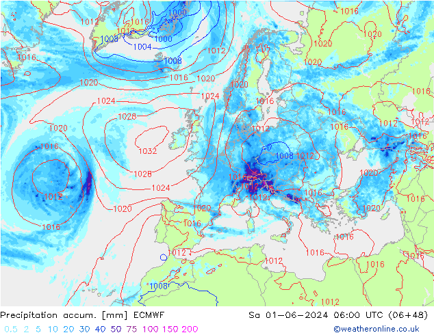 Precipitation accum. ECMWF сб 01.06.2024 06 UTC
