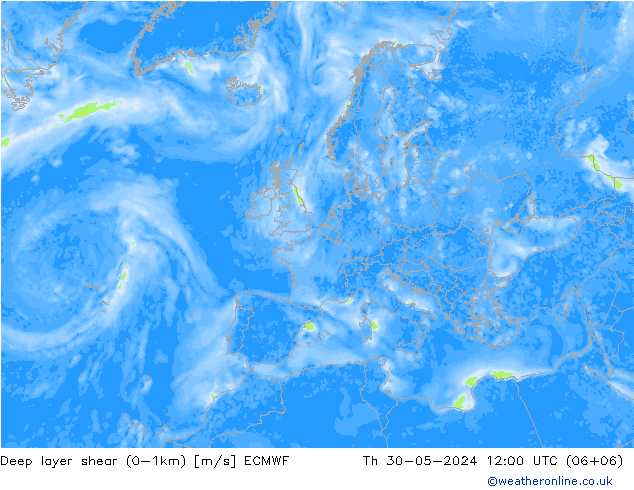 Deep layer shear (0-1km) ECMWF Do 30.05.2024 12 UTC