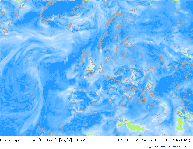 Deep layer shear (0-1km) ECMWF sáb 01.06.2024 06 UTC