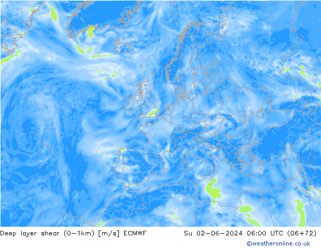 Deep layer shear (0-1km) ECMWF nie. 02.06.2024 06 UTC