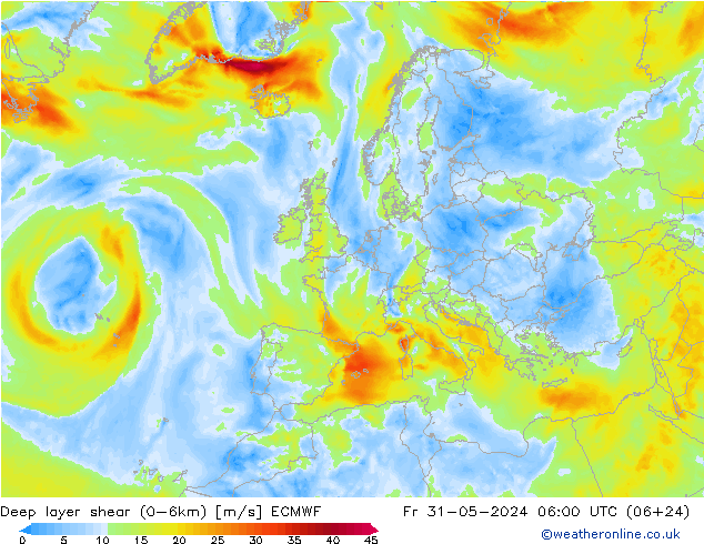 Deep layer shear (0-6km) ECMWF Pá 31.05.2024 06 UTC