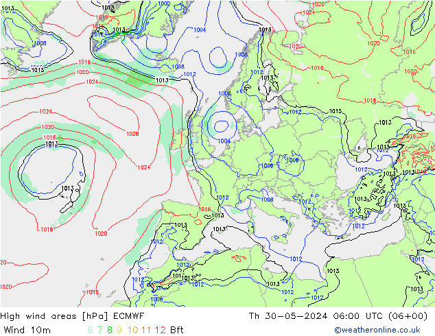 High wind areas ECMWF Čt 30.05.2024 06 UTC