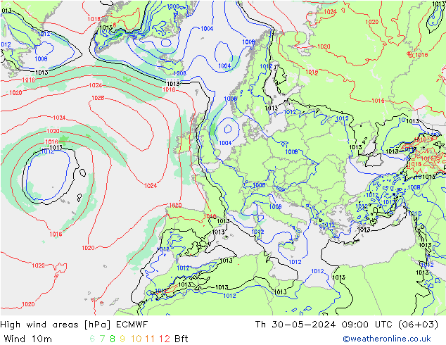 High wind areas ECMWF чт 30.05.2024 09 UTC