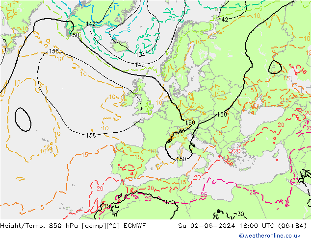 Height/Temp. 850 hPa ECMWF So 02.06.2024 18 UTC