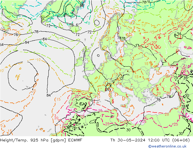 Height/Temp. 925 гПа ECMWF чт 30.05.2024 12 UTC
