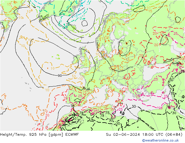 Yükseklik/Sıc. 925 hPa ECMWF Paz 02.06.2024 18 UTC