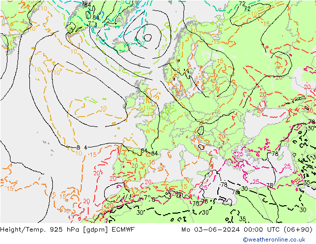 Height/Temp. 925 hPa ECMWF Mo 03.06.2024 00 UTC