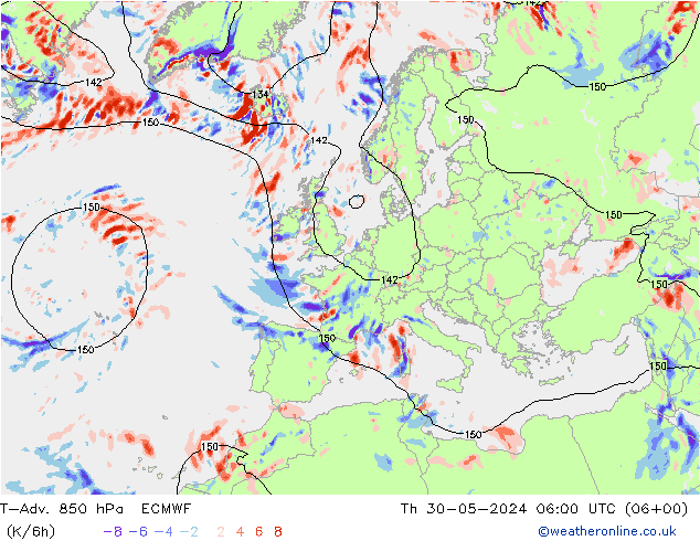 T-Adv. 850 hPa ECMWF Čt 30.05.2024 06 UTC
