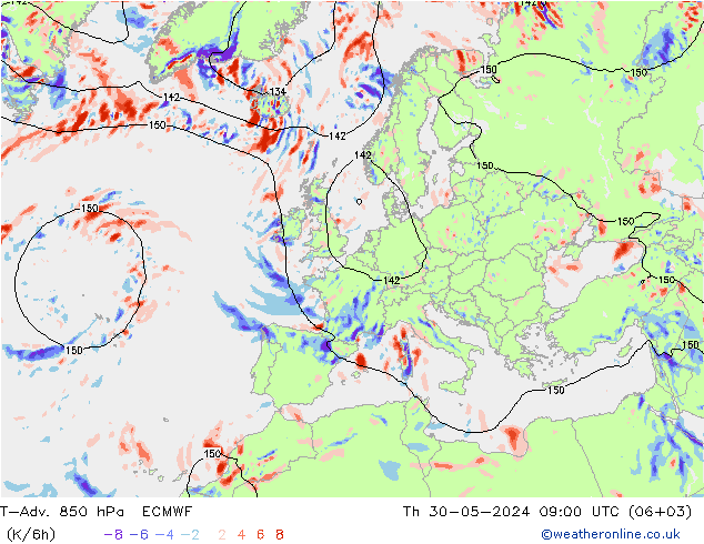 T-Adv. 850 hPa ECMWF do 30.05.2024 09 UTC