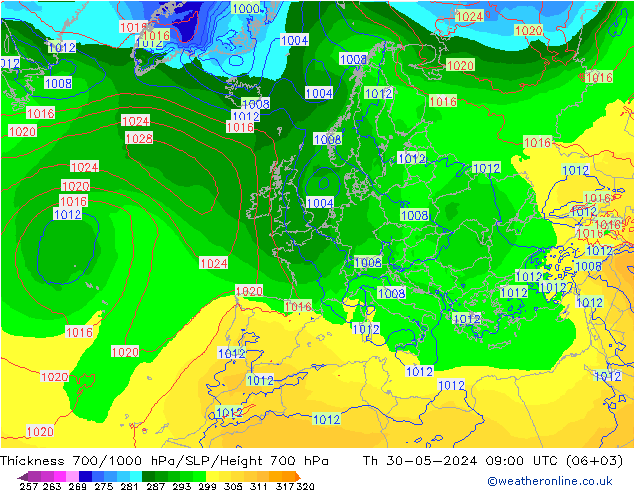 Thck 700-1000 hPa ECMWF Th 30.05.2024 09 UTC