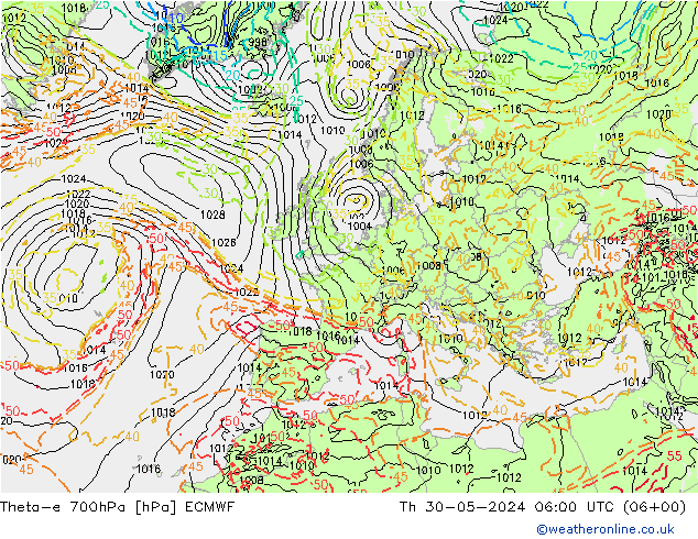 Theta-e 700hPa ECMWF do 30.05.2024 06 UTC