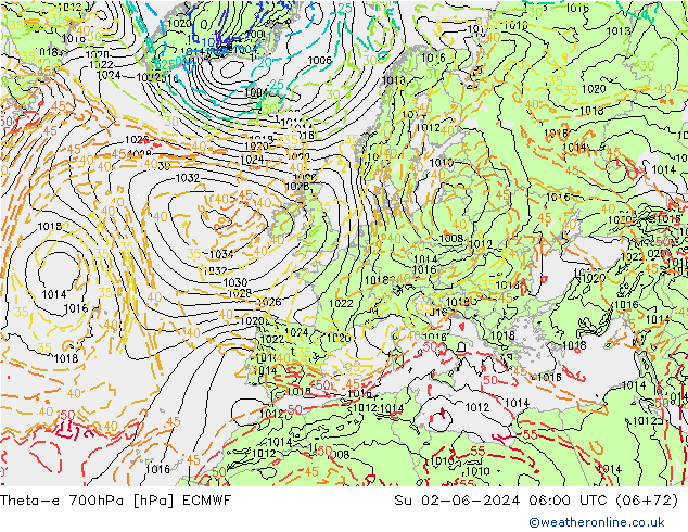 Theta-e 700hPa ECMWF Dom 02.06.2024 06 UTC