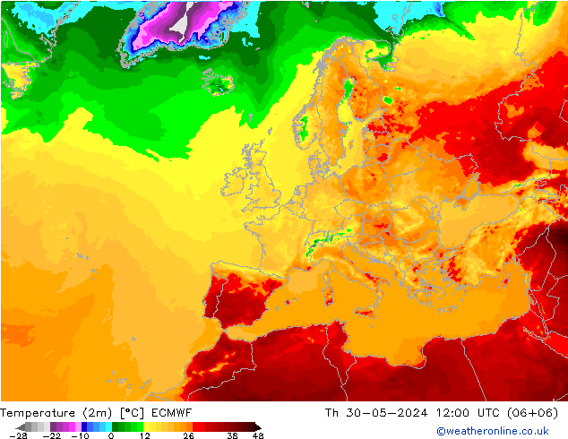 Temperature (2m) ECMWF Th 30.05.2024 12 UTC