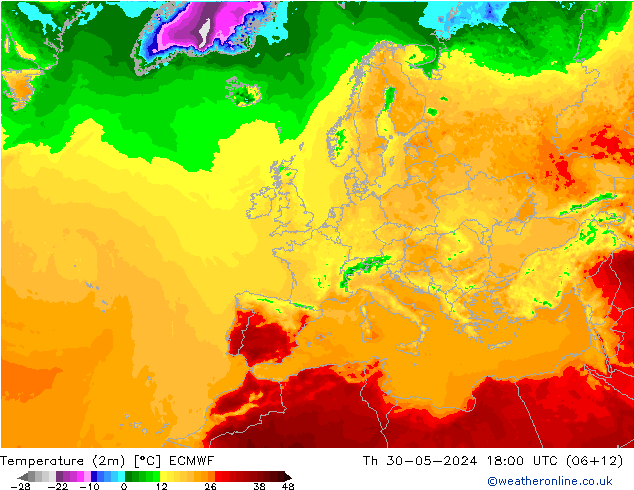 карта температуры ECMWF чт 30.05.2024 18 UTC