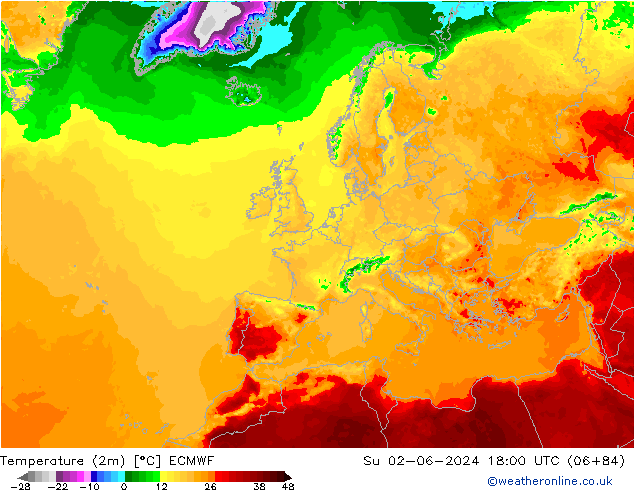 mapa temperatury (2m) ECMWF nie. 02.06.2024 18 UTC