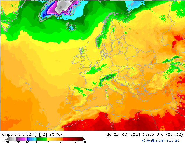 mapa temperatury (2m) ECMWF pon. 03.06.2024 00 UTC