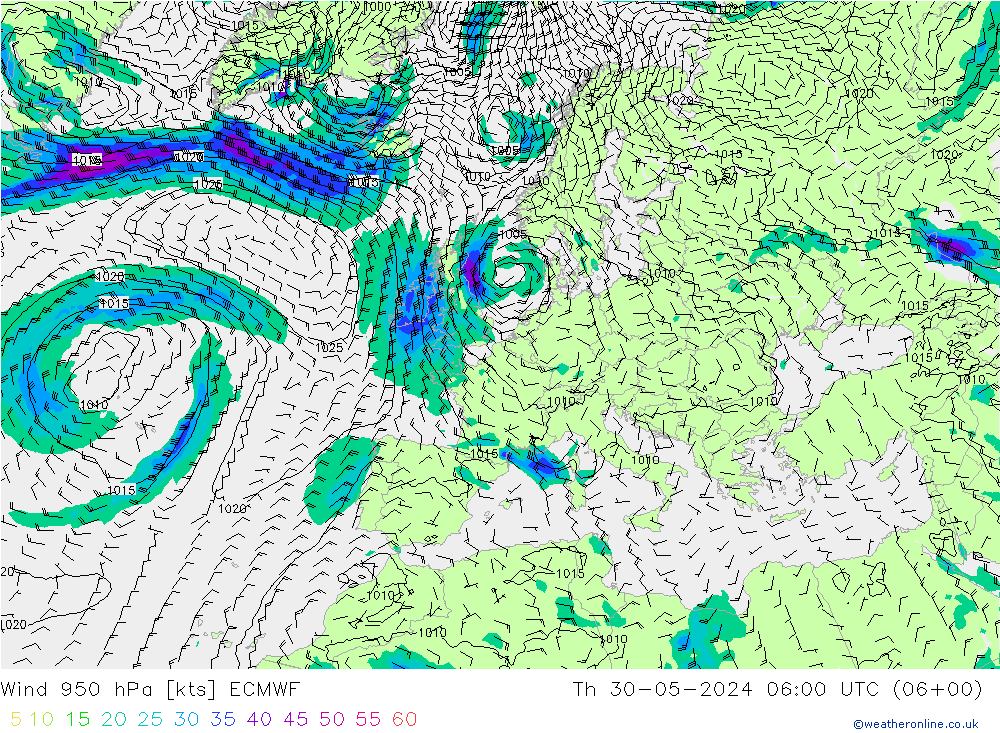 Vento 950 hPa ECMWF Qui 30.05.2024 06 UTC