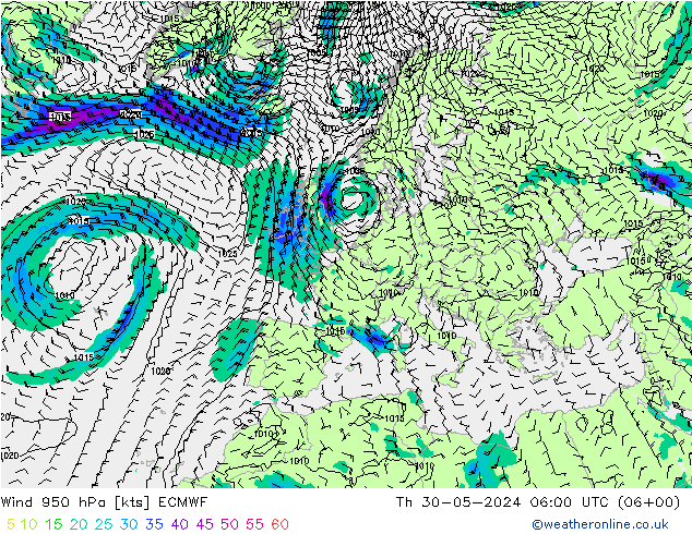 Wind 950 hPa ECMWF Do 30.05.2024 06 UTC