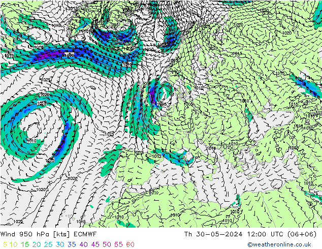 Wind 950 hPa ECMWF Do 30.05.2024 12 UTC