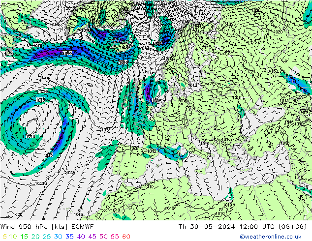 Viento 950 hPa ECMWF jue 30.05.2024 12 UTC