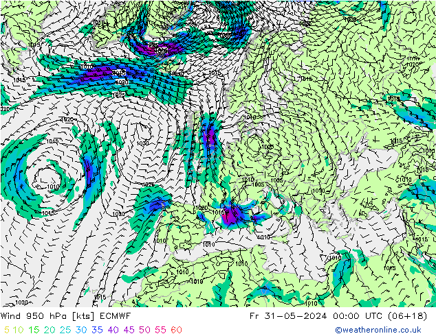 Rüzgar 950 hPa ECMWF Cu 31.05.2024 00 UTC