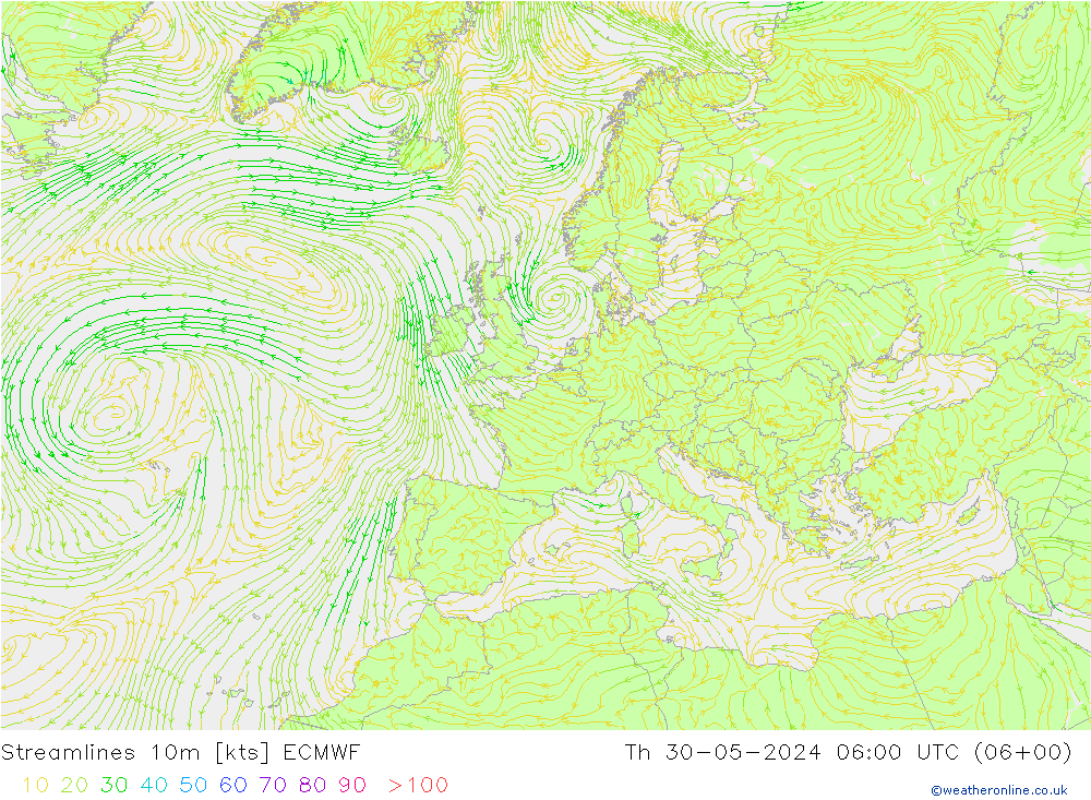 Streamlines 10m ECMWF Th 30.05.2024 06 UTC