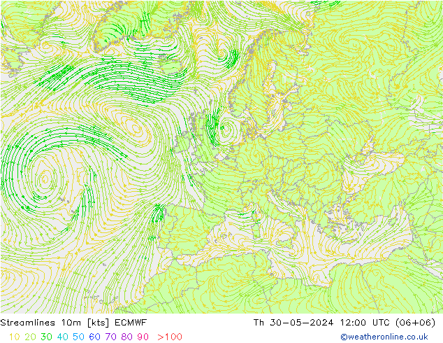 Streamlines 10m ECMWF Čt 30.05.2024 12 UTC