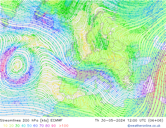 Stromlinien 200 hPa ECMWF Do 30.05.2024 12 UTC